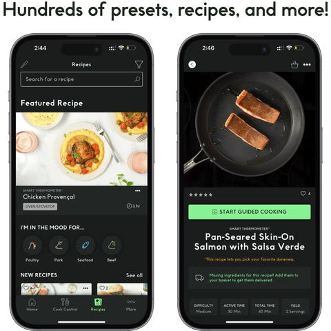 Smartphone screens showing recipes and cooking guides using Sense Smart Wireless Meat Thermometer With Ultra Thin Probe And Unlimited Bluetooth Range