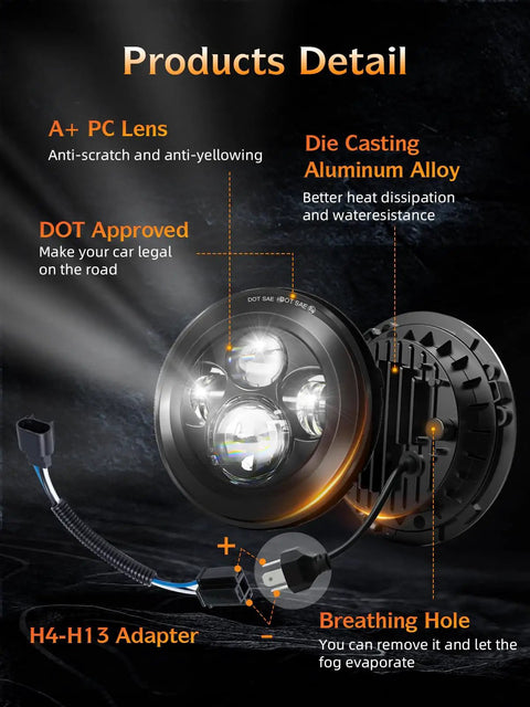 7 Inch LED Headlights Hi Low Beam 6000K Round Replacement for Jeep Wrangler JK CJ TJ displayed with die-cast aluminum housing
