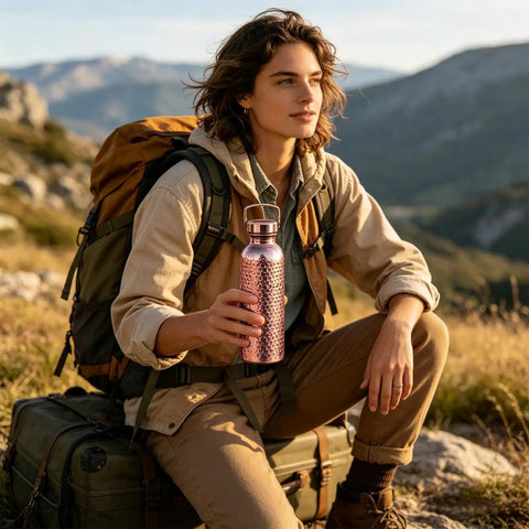 Person holding Copper Water Bottle 800ml Insulated Travel Cup With Anti Slip Grip, perfect for camping and hiking outdoors.