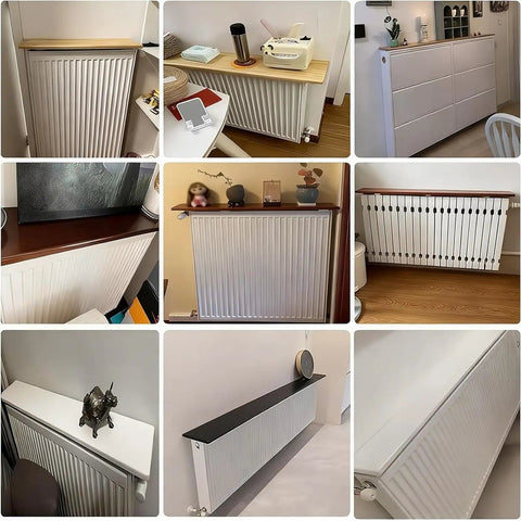 Various styles of wall mounted radiator shelf wooden covers in home settings, white finish, 24x8in, 60x20cm, space saving, easy install.