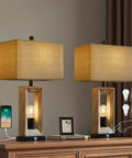 Rustic Farmhouse 3-Way Dimmable USB Table Lamps Set Of 2 with Touch Control Nightlights, 25 Inch on a wooden table with bulbs.
