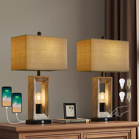 Rustic Farmhouse 3-Way Dimmable USB Table Lamps Set Of 2 with Touch Control Nightlights, 25 Inch on a wooden table with bulbs.