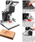 Front view of electric hinge drilling machine with metal frame, sliding scale ruler, drilling into a wooden workpiece.