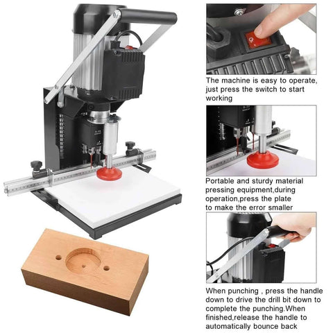 Front view of electric hinge drilling machine with metal frame, sliding scale ruler, drilling into a wooden workpiece.