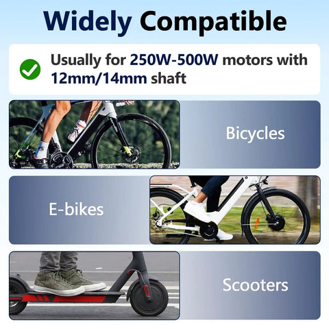 Rock Solid M14 E Bike Hub Motor Nut Set For 250W To 500W Electric Scooters shown on bicycles and scooters for 12mm/14mm shafts.