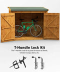 Durable Shed Door Hardware Kit With Hinges Latch Lock And Handle shown with wooden shed doors, bicycle inside, and T-Handle Lock Kit illustration