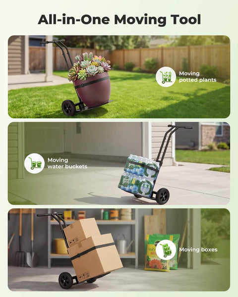 Heavy Duty Plant Caddy With Wheels Featuring Ergonomic Y Shape Handle And Non Slip Grip Smooth Rolling Garden Dolly for moving potted plants, water buckets, and boxes.