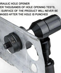 Rechargeable Hydraulic Hole Punch Kit With Six Dies For 22 To 60 mm Holes demonstrating punch operation on metal sheet