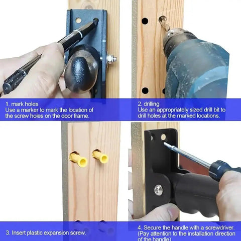 Installation steps for Solid Choice Doorway Flip Up Grab Bar, showing marking, drilling, and securing process on wooden frame.