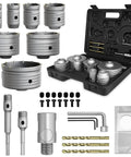 Pro-Grade 34-Piece Concrete Hole Saw Kit With 30 To 110mm Tungsten Carbide Masonry Bits SDS Plus Shanks displayed on white.