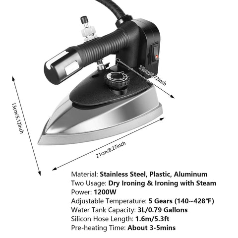 Rock Solid 1200 Watt Industrial Steam Iron With Titanium Coated Soleplate, stainless steel body, three liter reservoir for efficient ironing.