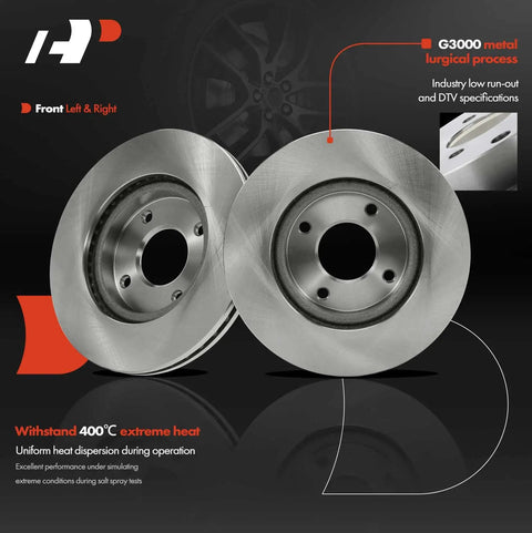 Heavy Duty Front Vented Disc Brake Rotors Two Pack Measures 11.02 Inches fits Nissan Cube Sentra Versa showing left and right rotors.