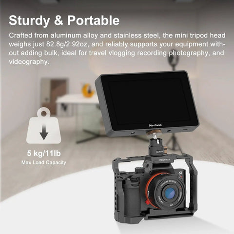All Metal CNC Built One Quarter Inch Swivel Mini Ball Head Tripod Mount With 360 Degree Rotation And 125 Degree Tilt For Camera Cages, Compatibility With Super Clamps, Suction Cup Mounts, Magnetic Bases, And A Max Load Of 11 Lb. on camera cage with monitor