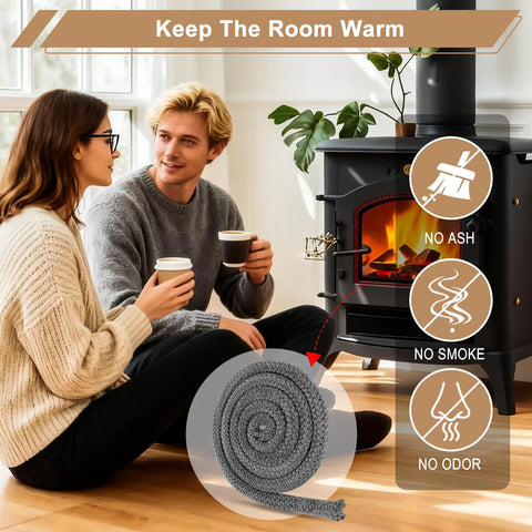Close-up of gray fiberglass wood stove door gasket rope, 1 in x 86 in, for wood-burning stoves