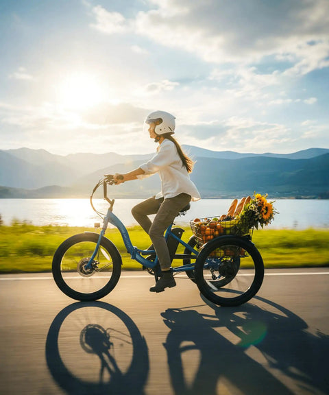 Folding Electric Tricycle For Adults With 600W Peak Power, 24 Inch Wheels, 499Wh Battery, 3 Wheel Mobility Bike For Seniors, LCD Display, Removable Battery, Rear Differential, Basket, Up To 15.5 MPH, side view with cargo basket