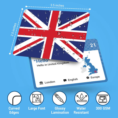 World Flags Flashcards Set With 245 Countries featuring UK flag card showing size, glossy lamination, and water resistance details