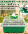 Close-up of 12 Pack Seed Starter Trays With 144 Cells Humidity Adjustable Dome Kit, showing ventilation adjustment on dome.