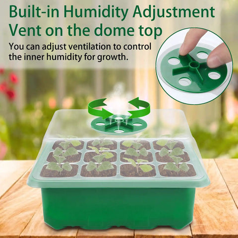 Close-up of 12 Pack Seed Starter Trays With 144 Cells Humidity Adjustable Dome Kit, showing ventilation adjustment on dome.