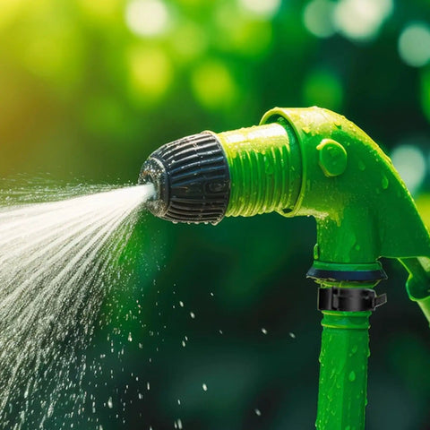 Green garden hose nozzle spraying water with adjustable spray pattern