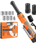 Three-Eighths Inch Cordless Electric Ratchet Wrench Set With Extended Long Neck For Deep Auto Work, A Slick 16V Power Tool Kit That Delivers Up To 45 Ft-Lbs Torque, 600 RPM, Two Batteries, LED Light, 9-Piece Accessories And Tool Box. Orange cordless 3/8 in long-neck ratchet wrench set with sockets, two batteries, charger, and case