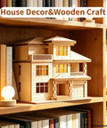 3D Wooden Villa Puzzle Model Kit For Adults displayed on a bookshelf as DIY home office decor, stress relief activity