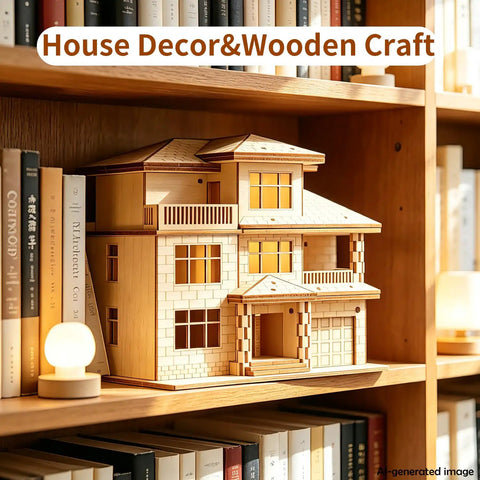 3D Wooden Villa Puzzle Model Kit For Adults displayed on a bookshelf as DIY home office decor, stress relief activity