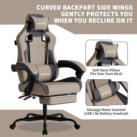 Gaming Chair With Massage And Footrest Ergonomic PC Gaming Chair With Headrest And Lumbar Support High Back Design 300 Lb Weight Capacity Gray Easy Height And Recline Control From 90 To 135 Degrees shown with curved backpart, soft neck pillow, and massage motor.