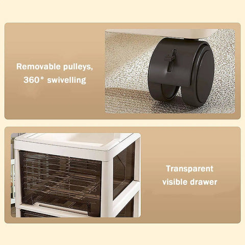 Multitasking Rolling Storage Cart With Sturdy Plastic Drawers And Smooth Gliding Swivel Wheels showcasing removable pulleys and clear drawers.
