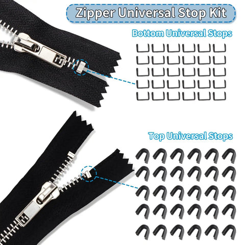 Zipper Repair Kit For Size Five Zippers, 76-Piece Auto Lock Pulls With Bottom And Top Stops shown with universal stops