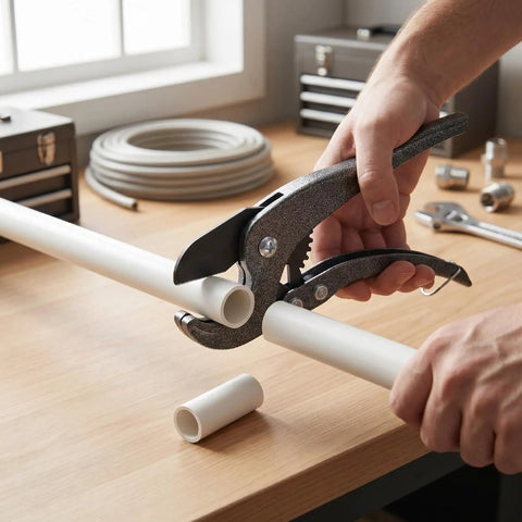 Effortless Pipe Threading Set For PVC Fittings shown cutting PVC pipe on workbench with tools