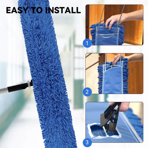 Installation steps for Heavy Duty 48 Inch Blue Microfiber Dust Mop Head Replacement Three Pack for Commercial Floors.