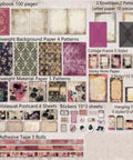 All In One Vintage Junk Journal Kit With 185 Pieces Scrapbook Paper Pack A6 showing diverse paper designs and crafting items.