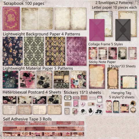 All In One Vintage Junk Journal Kit With 185 Pieces Scrapbook Paper Pack A6 showing diverse paper designs and crafting items.