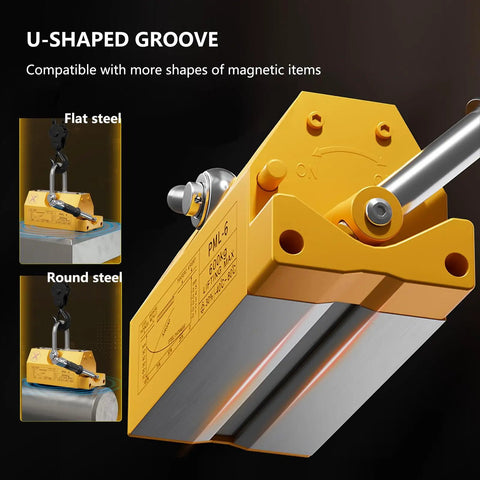 Straight Up 6600lb Magnetic Lifter Featuring Rock Solid Neodymium Core With Smooth Release Handle showing U-shaped groove for versatility.