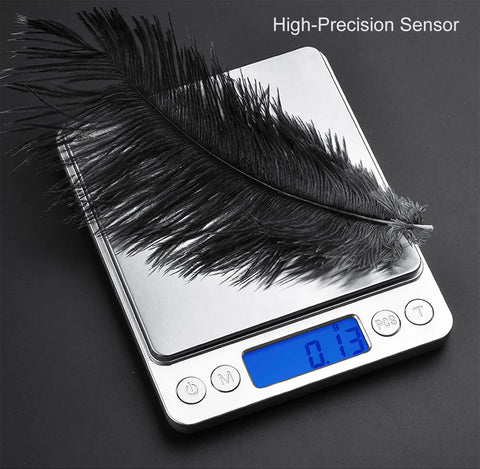 Ultra Precise Digital Kitchen Scale With Backlit Display, 0.001 Oz And 0.01 g, 500 g Capacity, Tare Function, feather on scale