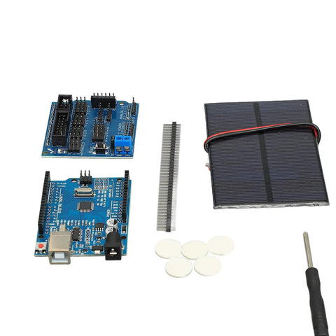 Solar Powered STEM Learning Kit For Kids DIY Wooden Smart Tracker Project For Hands On Programming IDE Compatible Classroom And Home Learning Beginner Friendly with solar panel, Arduino boards, pins, and screwdriver