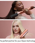 Women using Dyson hair styling tools, showcasing Define And Refresh Styling Duo for all hair types with heat shield up to 450 F.