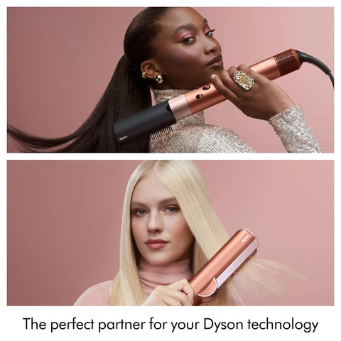 Women using Dyson hair styling tools, showcasing Define And Refresh Styling Duo for all hair types with heat shield up to 450 F.
