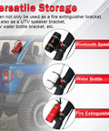 Quick Release Fire Extinguisher Mount Bracket For Jeep Wrangler TJ JK JL JKU And Universal UTV Roll Bar Aluminum Adjustable Holder For Polaris RZR Ranger Can Am X3 Off Road Ready installed on Jeep with versatile storage options for fire extinguisher, Bluetooth speaker, and water bottle.