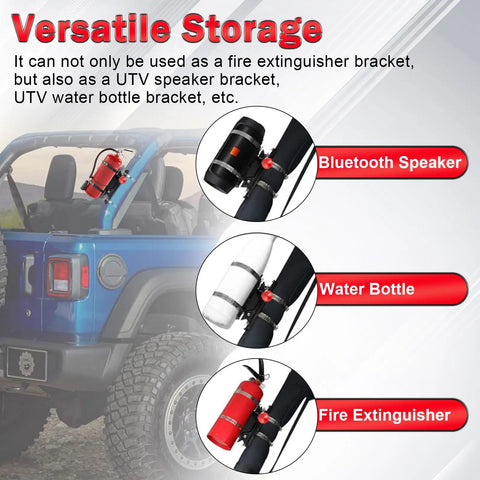 Quick Release Fire Extinguisher Mount Bracket For Jeep Wrangler TJ JK JL JKU And Universal UTV Roll Bar Aluminum Adjustable Holder For Polaris RZR Ranger Can Am X3 Off Road Ready installed on Jeep with versatile storage options for fire extinguisher, Bluetooth speaker, and water bottle.