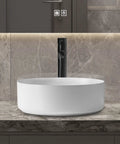 Ceramic Vessel Sink Set 14.4 Inch Round Matte White Above Counter Basin With Faucet And Pop Up Drain Modern Bathroom Vanity Bowl No Fuss Install Durable Finish Water Saving Design