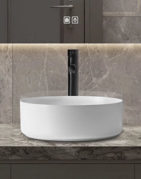 Ceramic Vessel Sink Set 14.4 Inch Round Matte White Above Counter Basin With Faucet And Pop Up Drain Modern Bathroom Vanity Bowl No Fuss Install Durable Finish Water Saving Design