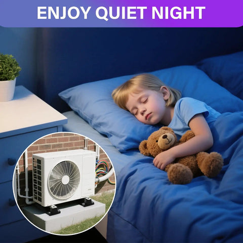 Child sleeping peacefully with AC unit on 8 Pack Rubber Vibration Isolator Mounting Brackets for outdoor stability and noise reduction