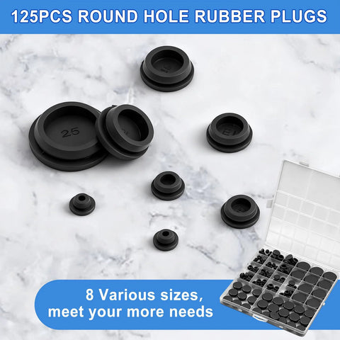 125 Piece Black Silicone Rubber Plugs Set with storage box, showing 8 sizes for furniture and car panels