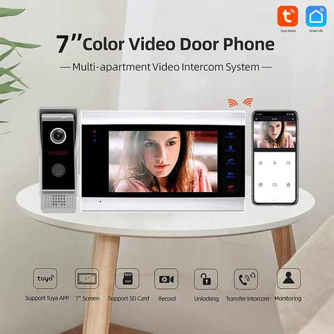 Smart Video Intercom System With 7 Inch WiFi Doorbell Monitor 1080P HD Camera Night Vision Two Way Audio PIR Motion Alerts Remote Unlock