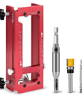 Pro Grade Aluminum Door Hinge Jig Kit For Router Use Adjustable Mortise Template with tools visible, red aluminum design.