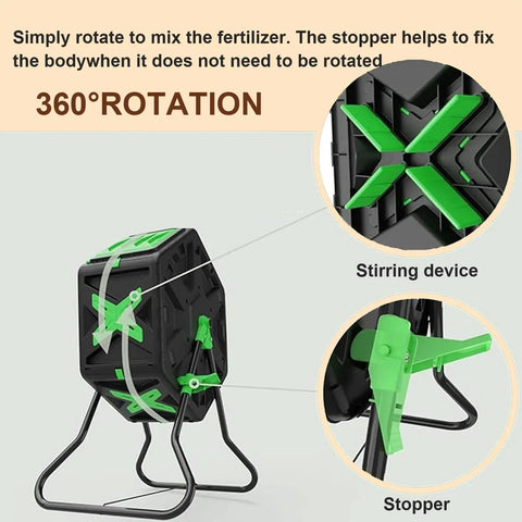 Compost Tumbler For Outdoor Garden Use With UV Proof Compact Barrel System showcasing 360° rotation features and stopper in black and green.