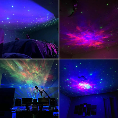 Mini Galaxy Projector Night Light With Remote Control for Kids Bedroom Ceiling Decor Nebula Aurora Starry Sky Projector displays colorful nebula patterns on ceiling.