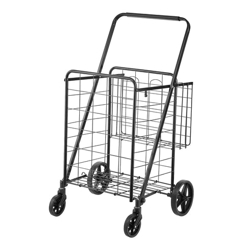 Folding Shopping Cart With Heavy Duty Metal Frame, 110 Lb Load Capacity, Anti Scratch And Rust Resistant Powder Coated Finish, Extra Back Basket