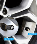 Tire with 4 Pack Tire Valve Stem Caps Made From Durable Aluminum Alloy With Rubber Seal Universal Fit For Cars, SUVs, Trucks, And Motorcycles Prevent Deflation Dust Moisture Black, before and after installation close-up.